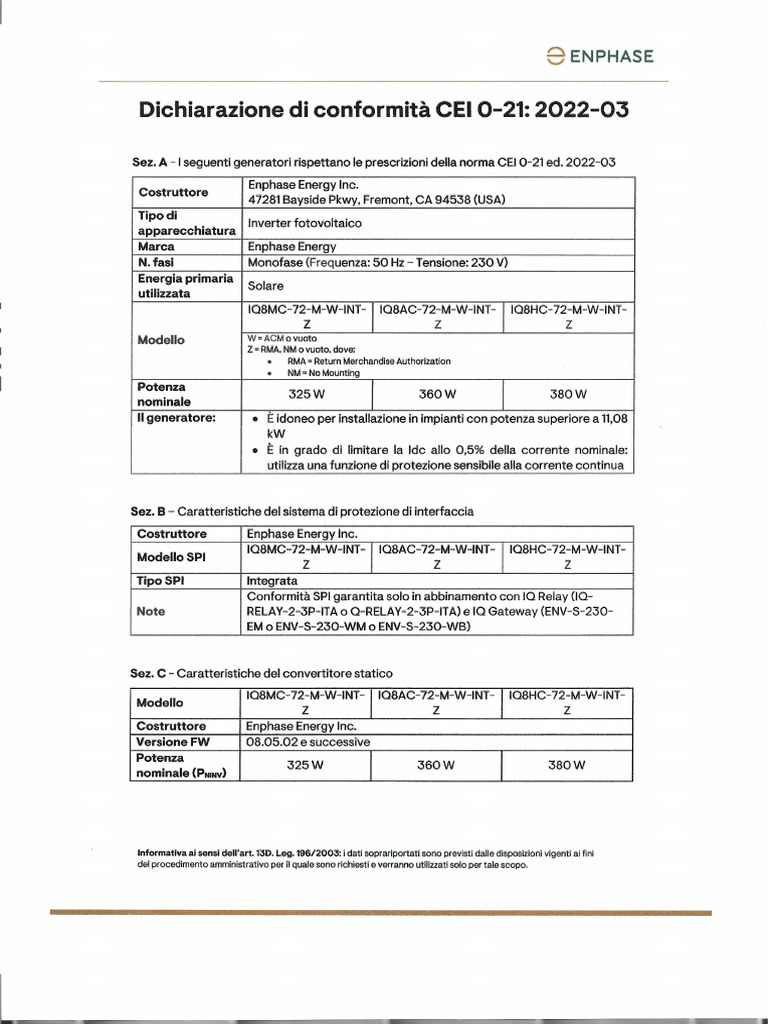Enphase Microinverter Iq8 Dichiarazione Conformita Cei 0 21 | PDF