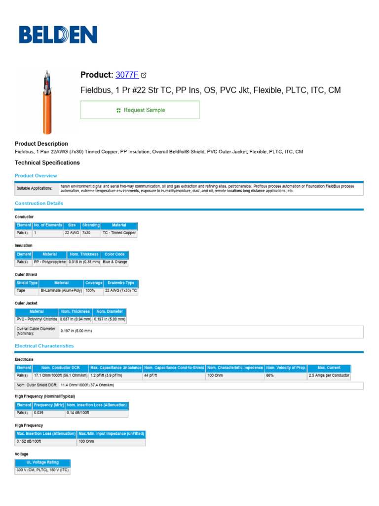 Belden 3077F Fieldbus Cable Specifications | PDF | Information ...