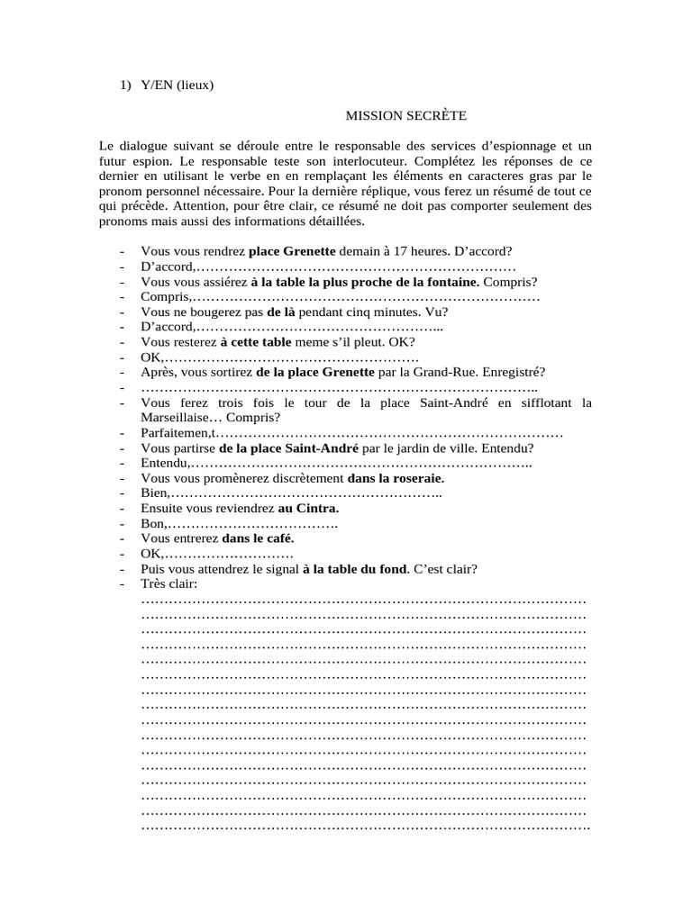 Mission secrète : exercices de pronominalisation | PDF | Unités ...