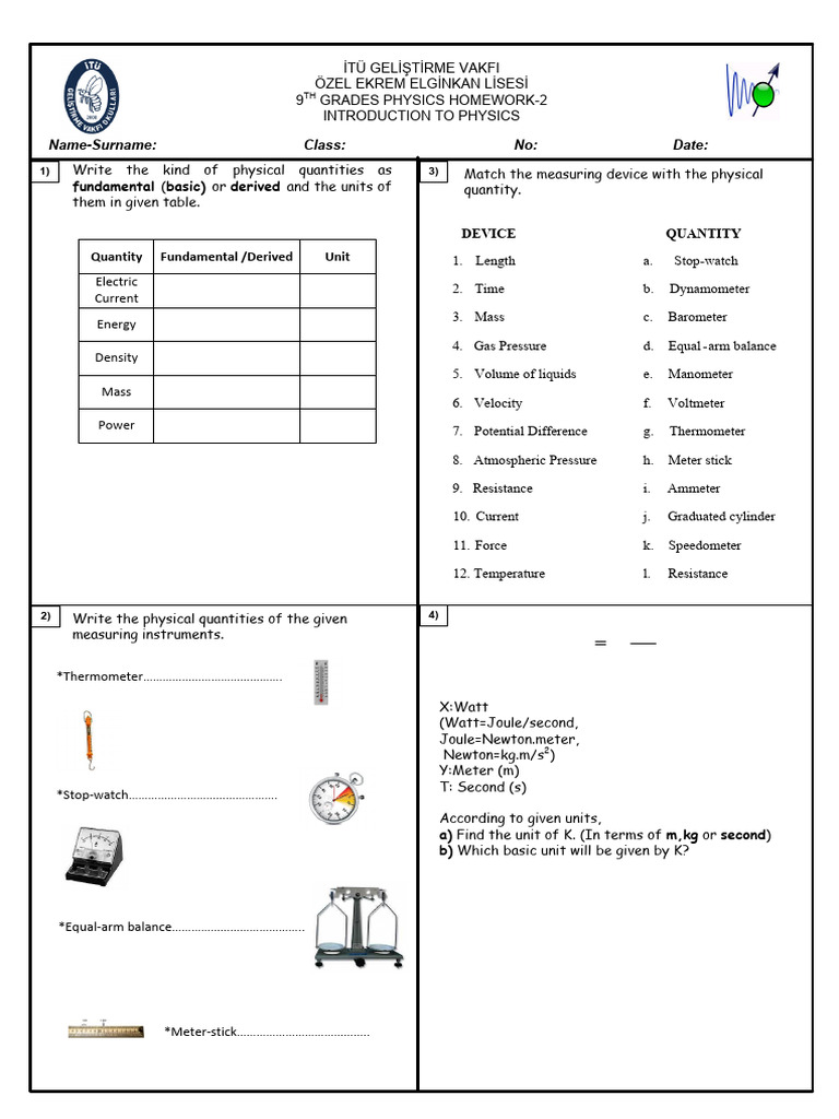 9th Grade Physics Hmw-2 | PDF | Pressure | Force