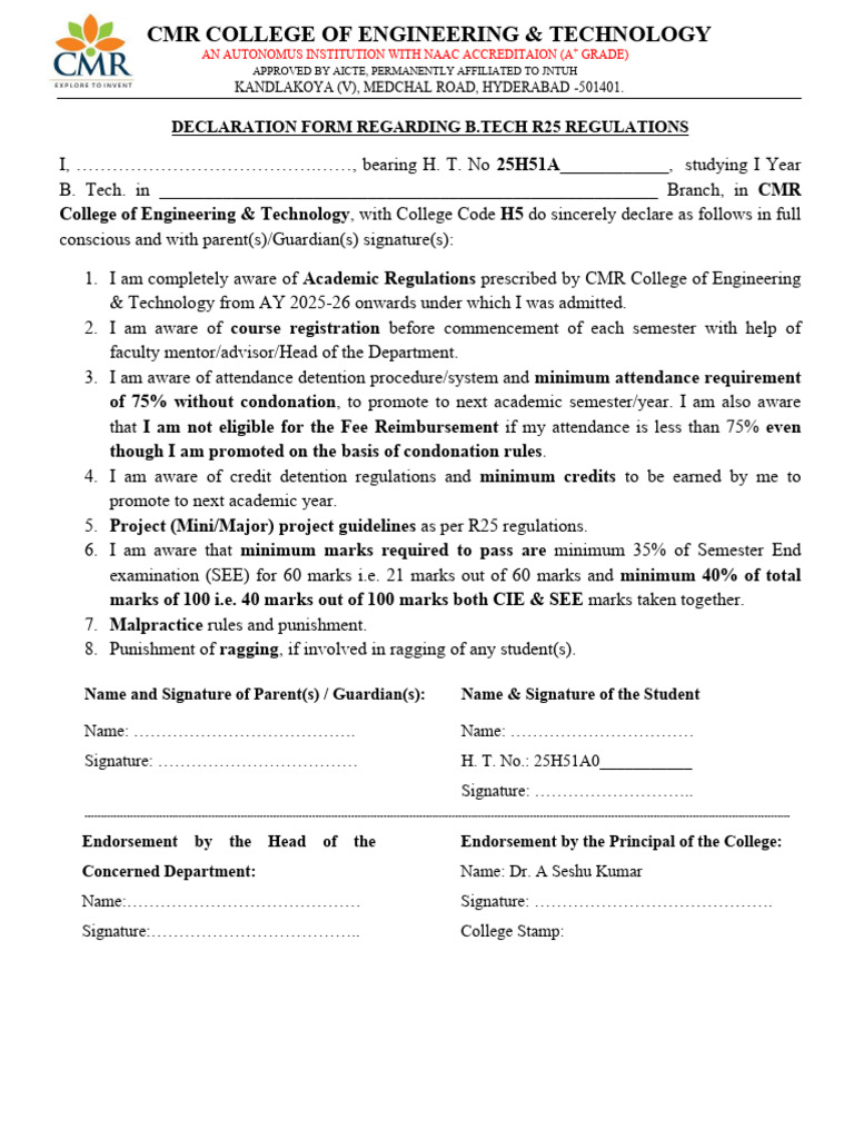 Declaration by Student & Parent On R25 Regulation B | PDF | Chess ...