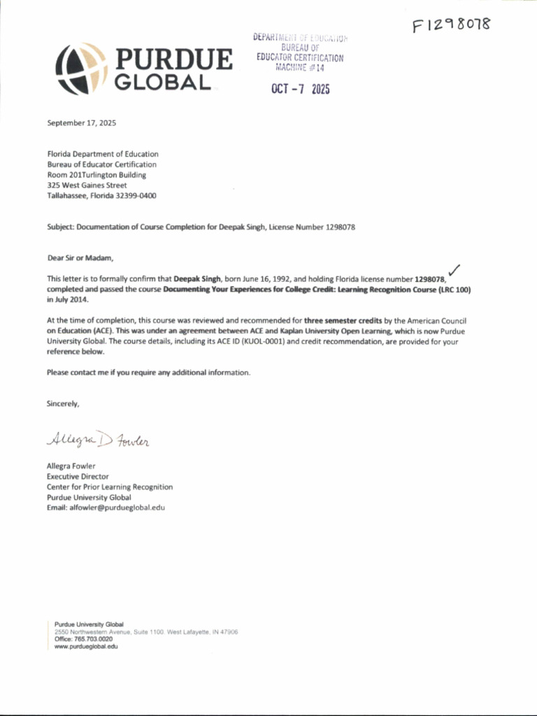 Letter From Purdue University Global For Deepak (Danny) Singh September ...