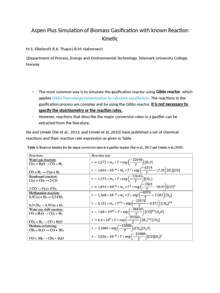 Aspen Plus Simulation of Biomass Gasification With Known Reaction ...