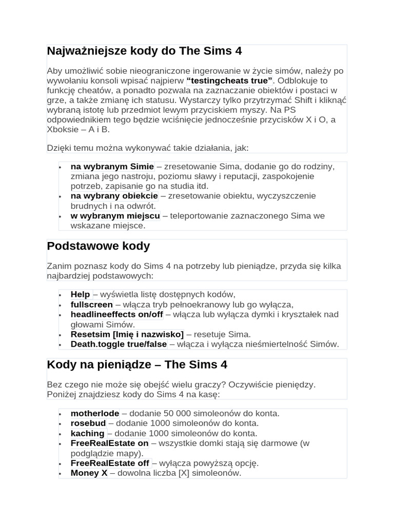Najważniejsze Kody Do The Sims 4 | PDF