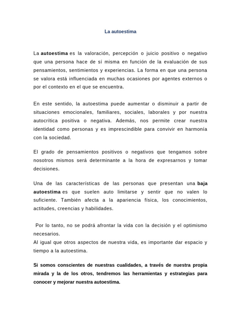 Importancia de la autoestima en la vida | PDF | Autoestima ...