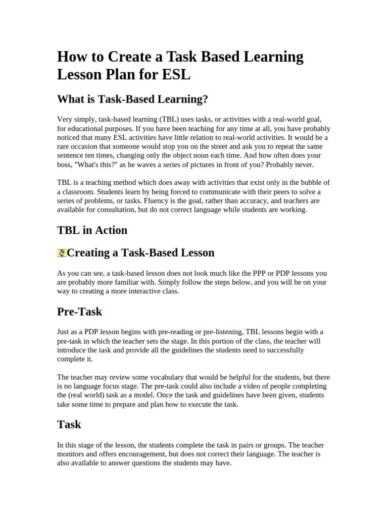 Task-Based ESL Lesson Planning Guide | PDF | Lesson Plan | English As A ...