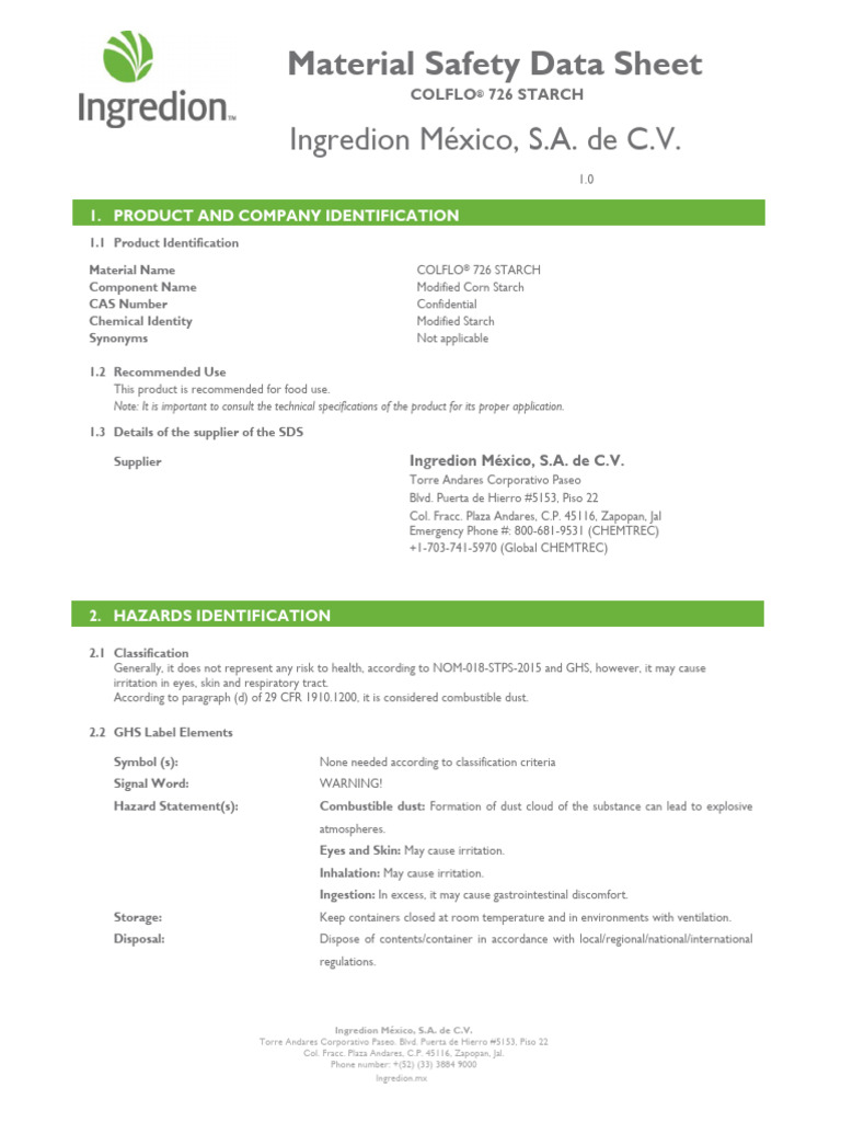 COLFLO® 726 Starch Safety Data Sheet | PDF | Toxicity | Combustion