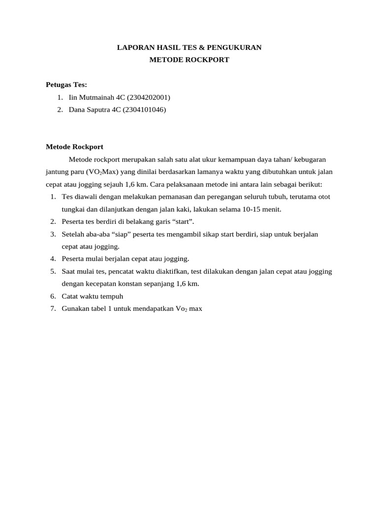 Hasil Tes Kebugaran Metode Rockport | PDF