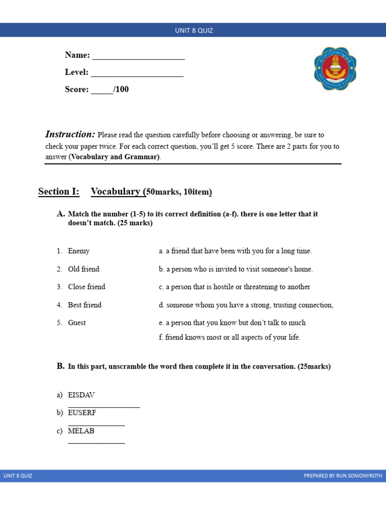 Unit 8 Vocabulary and Grammar Quiz | PDF