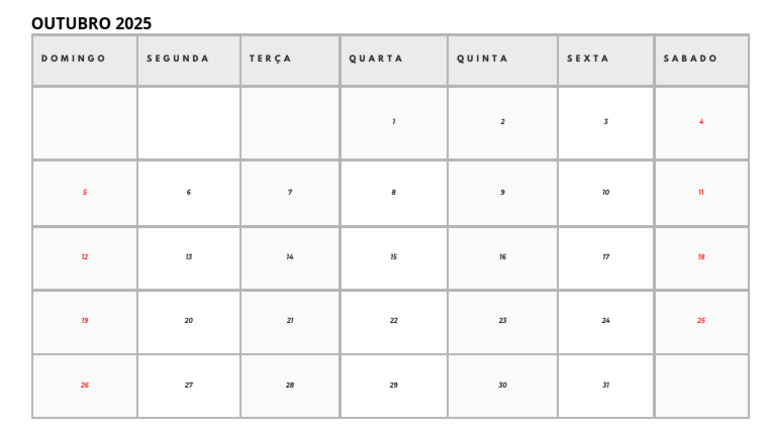 Calendário Simples Mês de Outubro 2026 | PDF