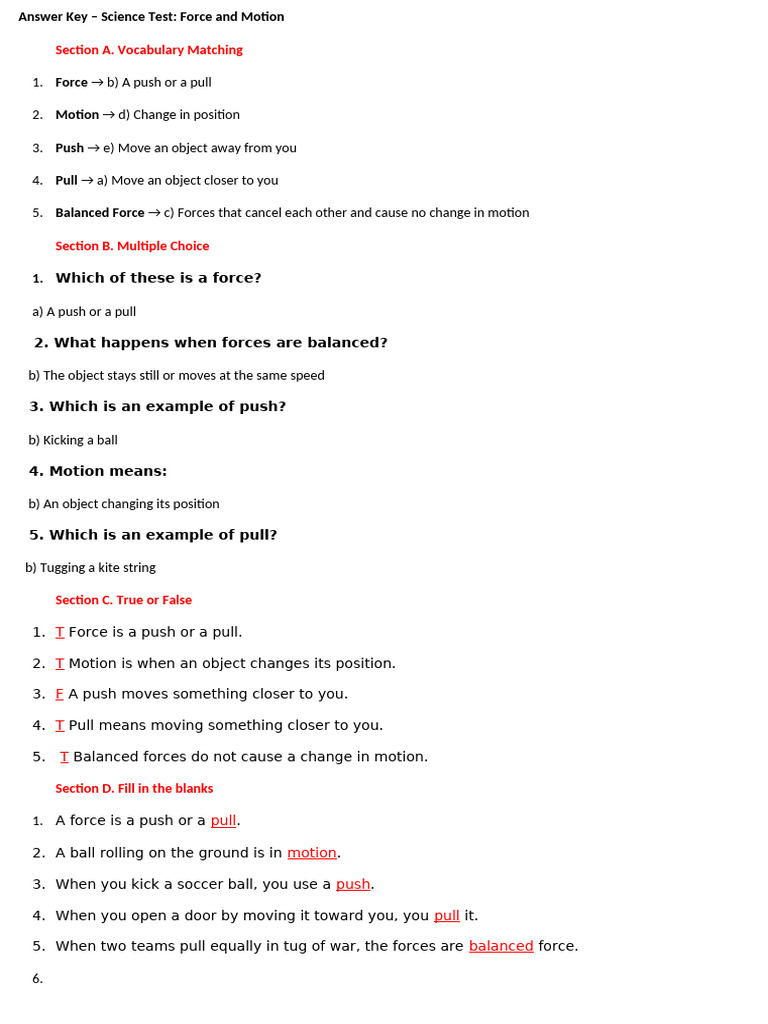 Answer Key Science Test Force | PDF