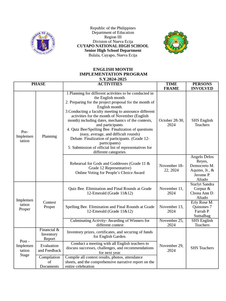 English Month Program 2024-2025 Plan | PDF