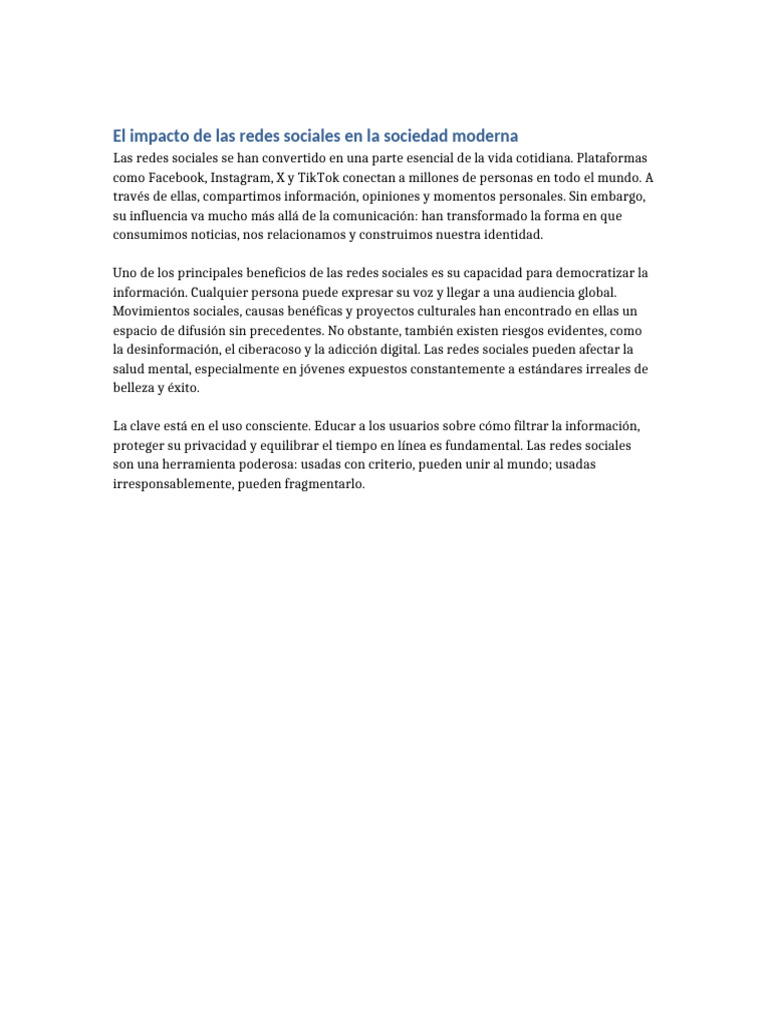 El Impacto de Las Redes Sociales en La Sociedad Moderna | PDF