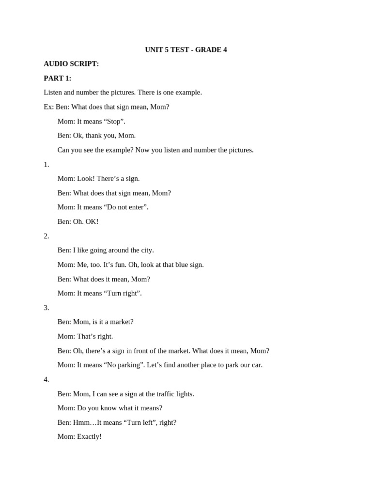 De KT Unit 5 - Tieng Anh 4 I-Learn Smart Start - Audio Script | PDF