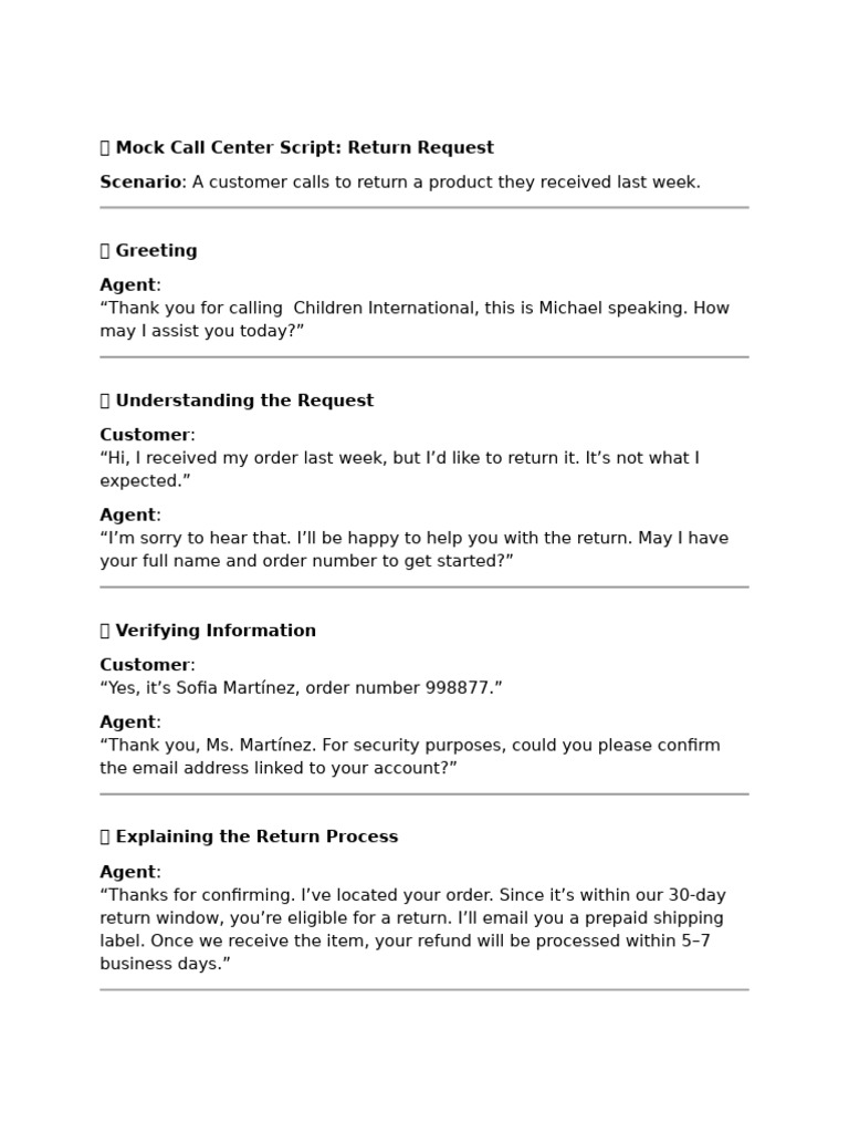 Call Center Script for Product Returns | PDF