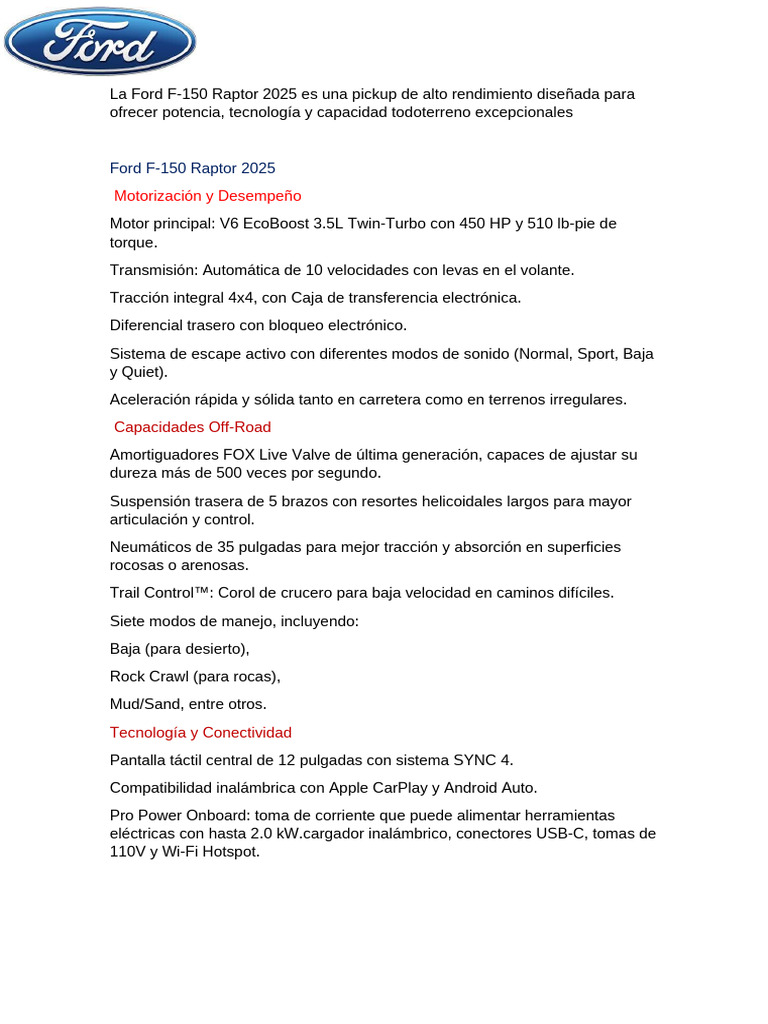 Ford F-150 Raptor 2025: Potencia y Off-Road | PDF | Tracción en las ...