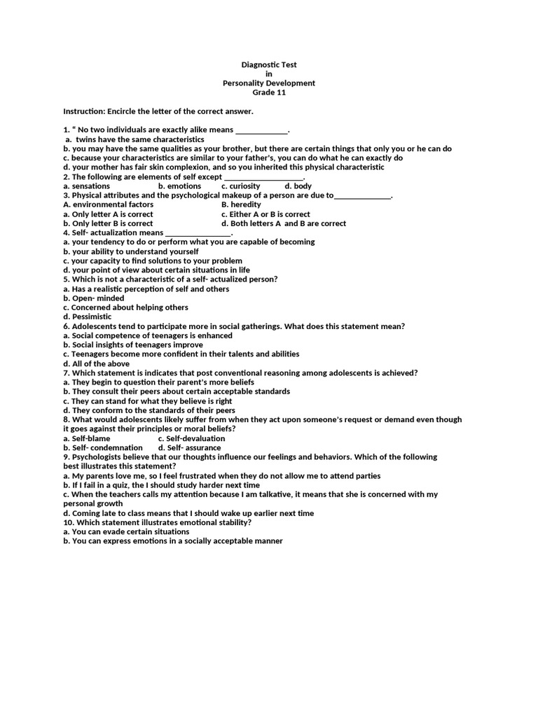 Grade 11 Personality Development Test | PDF | Mental Disorder | Self Esteem