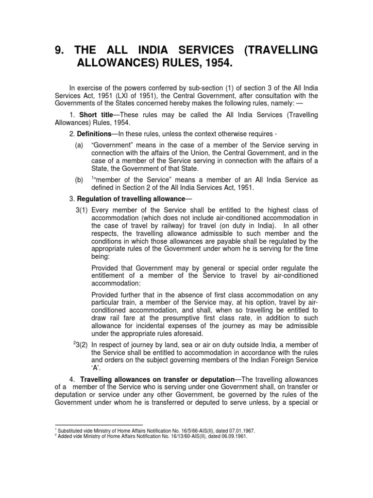 9.the All India Services (Travelling Allowances) Rules, 1954 (Updated