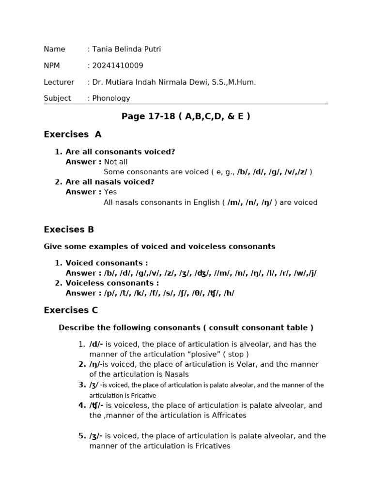 Phonology Exercises on Consonants and Diphthongs | PDF | Consonant ...