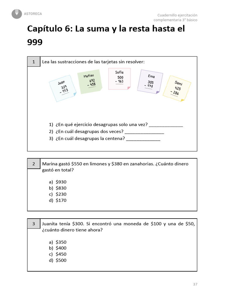 Ejercicios de Suma y Resta 3° Básico | PDF