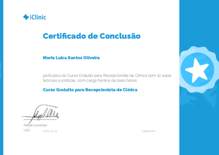 Certificado de Recepcionista de Clínica | PDF