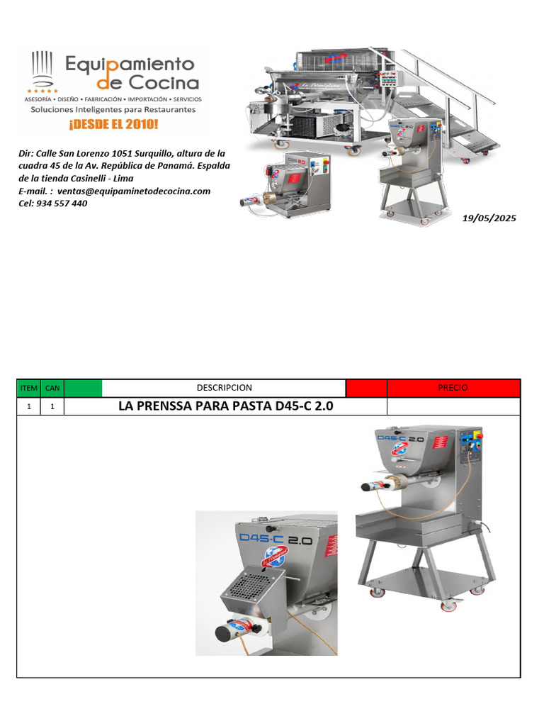 Maquina Estruzadora de Pasta D45-C2.0 La Parmigiana Enero 25 | PDF
