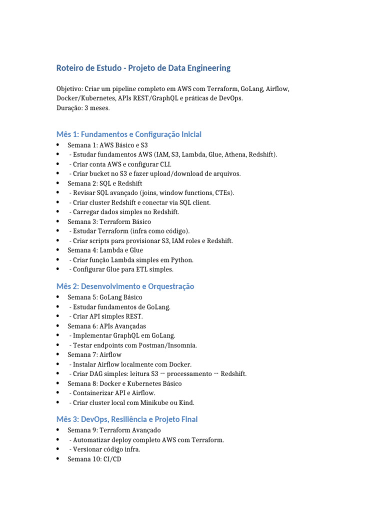Roteiro de Estudo: Data Engineering AWS | PDF