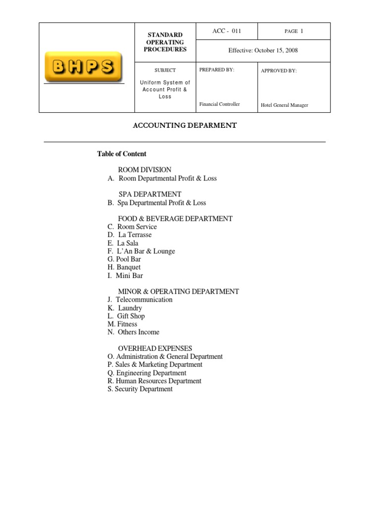 SOP Uniform System of Account Profit & Loss Employee Benefits Expense
