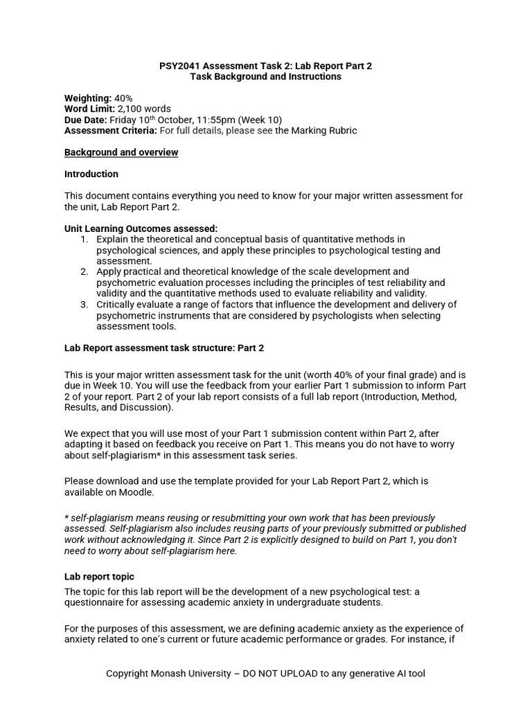 PSY2041 - Lab Report Part 2 - Task Background Instructions | PDF ...