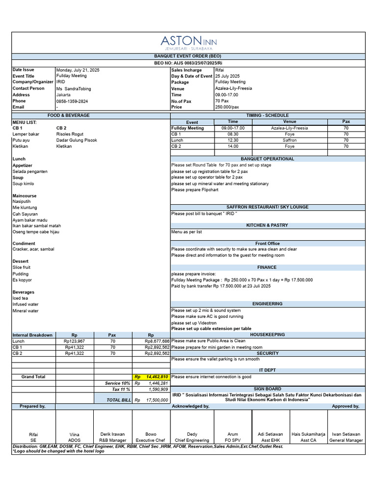 BEO for IRID Fullday Meeting 2025 | PDF | Foods | Cuisine