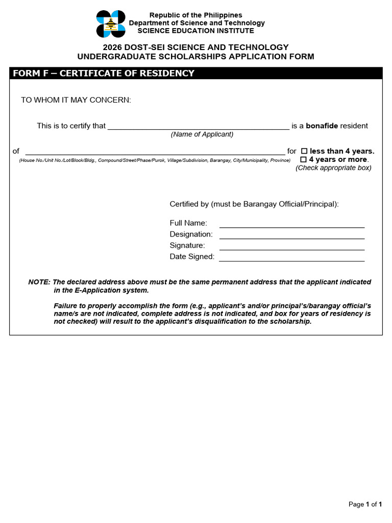 DOST-SEI Form F: Certificate of Residency | PDF | Career & Growth ...
