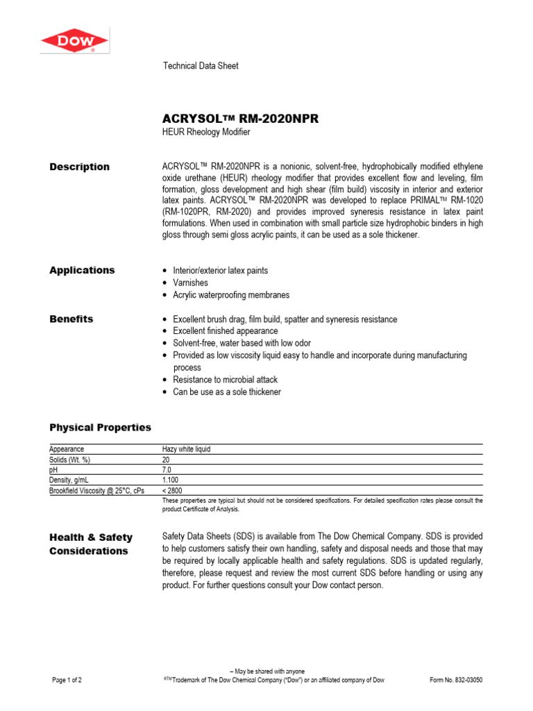 ACRYSOL RM-2020NPR Technical Data Sheet | PDF | Paint | Acrylic Paint