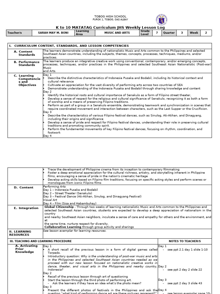 Grade 7 Music and Arts Lesson Plan | PDF | Philippines | Learning