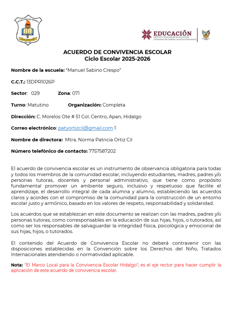Acuerdo de Convivencia Escolar 2025-2026 | PDF | Escuelas | Violencia
