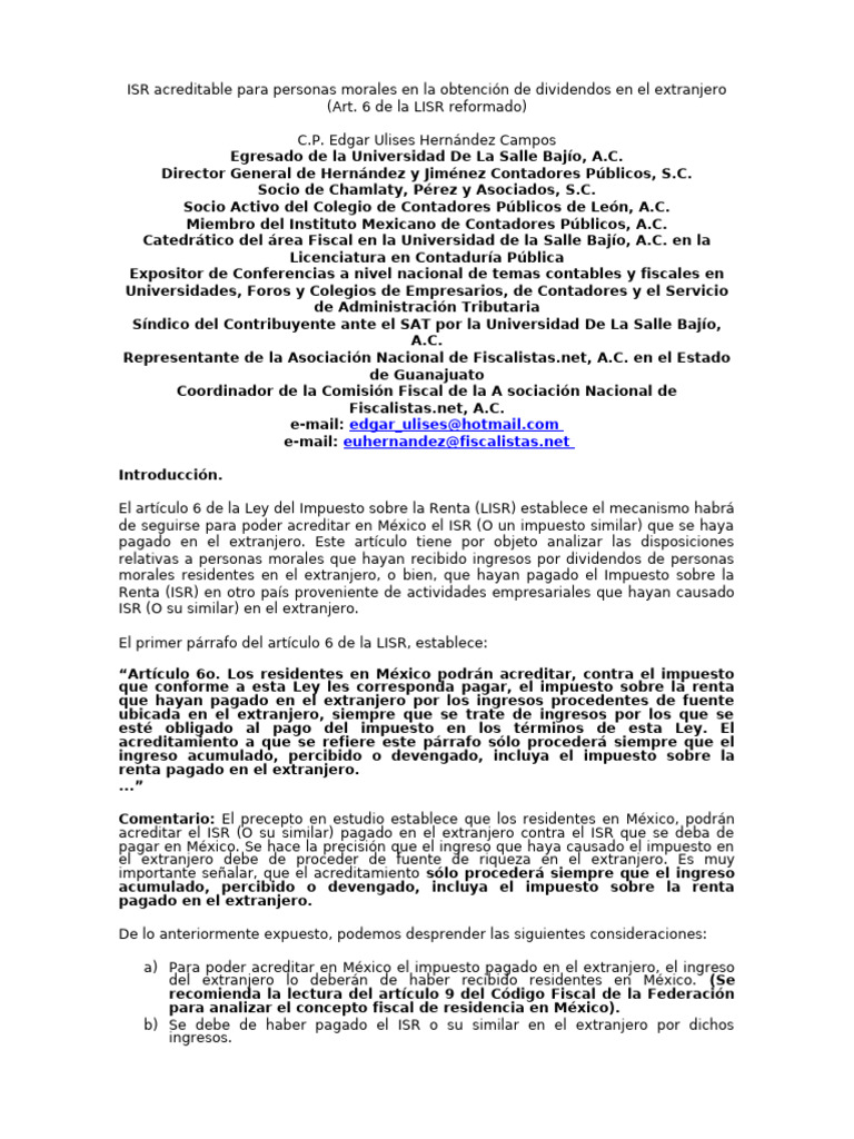 ISR Acreditable por Dividendos Extranjeros | PDF | Impuesto sobre la ...