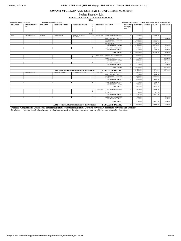 Fee Status Bca-II Year | PDF | Payments | Services (Economics)