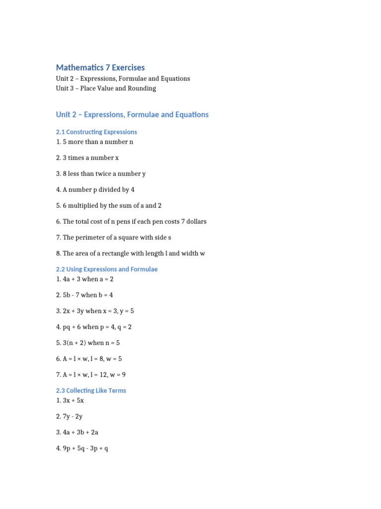 Math 7 Exercises Unit2 Unit3 | PDF