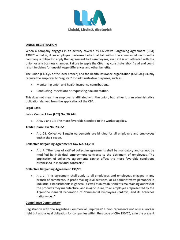 Union Registration Under CBA 130/75 Explained | PDF | Employment ...