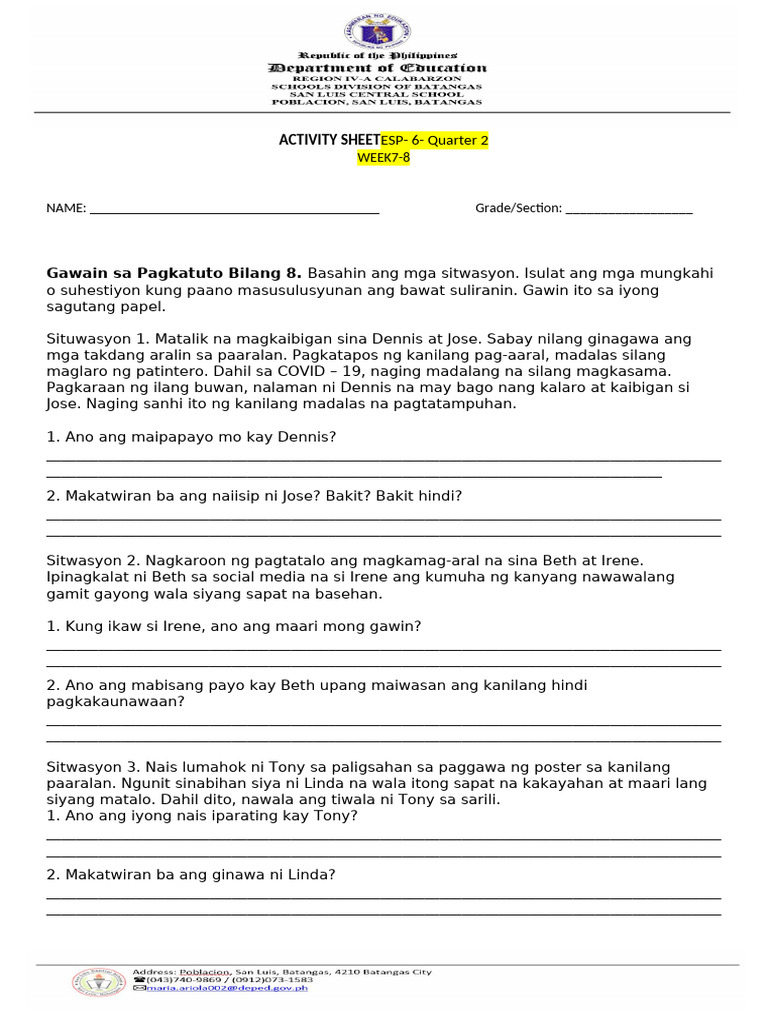 Activity Sheets ESP Q2 W7 8 | PDF