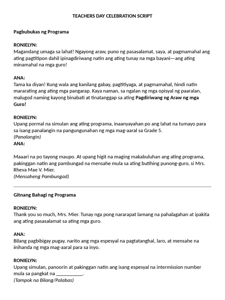 Teachers Day Celebration Script | PDF