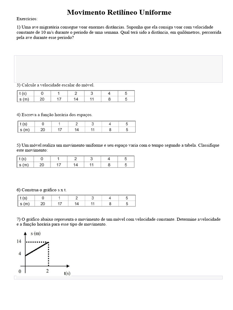 Movimento Retilíneo Uniforme - (Exercícios) | PDF