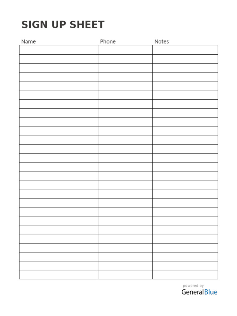 Blank Sign Up Sheet | PDF