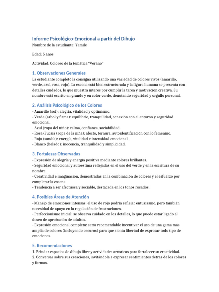 Informe Psicológico de Dibujo Infantil | PDF | Las emociones | Autoestima