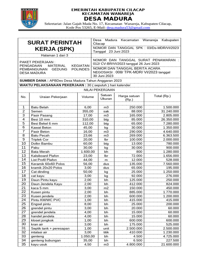 SPK Pengadaan Material Polindes Madura | PDF