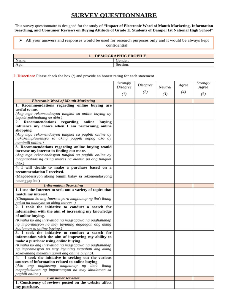 Survey Questionnaire | PDF