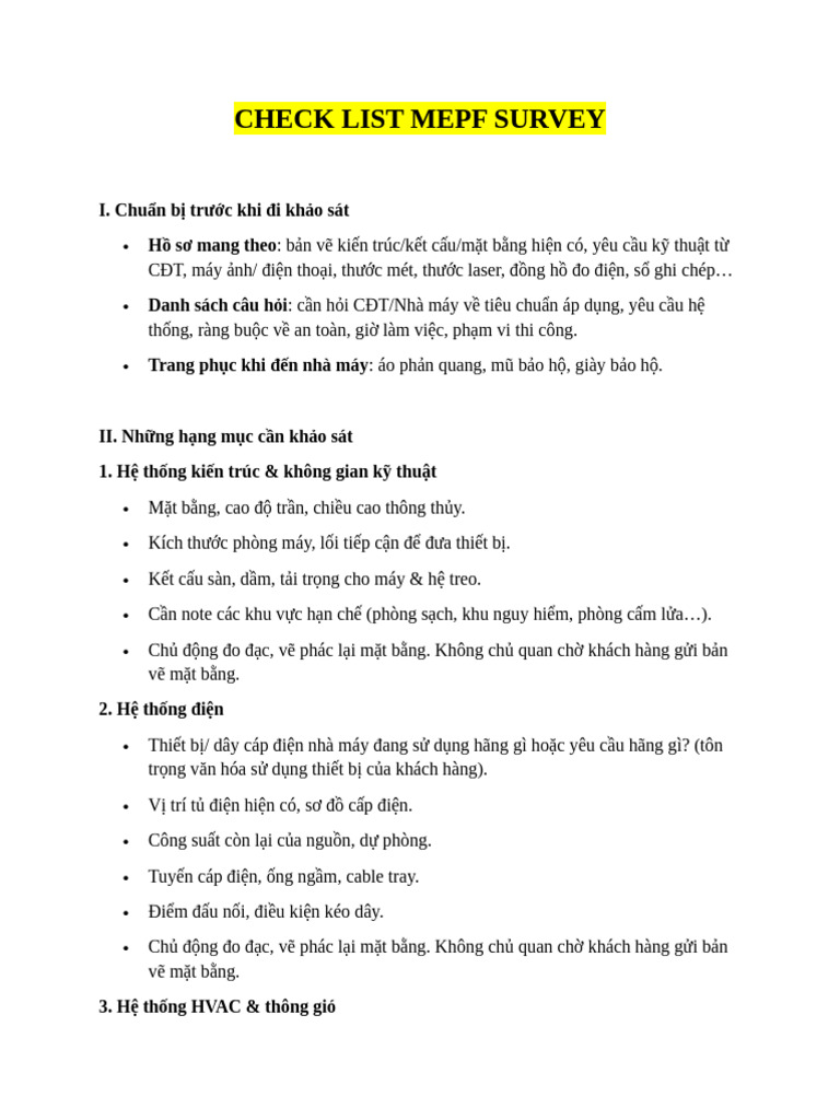 Check List MEPF Survey | PDF