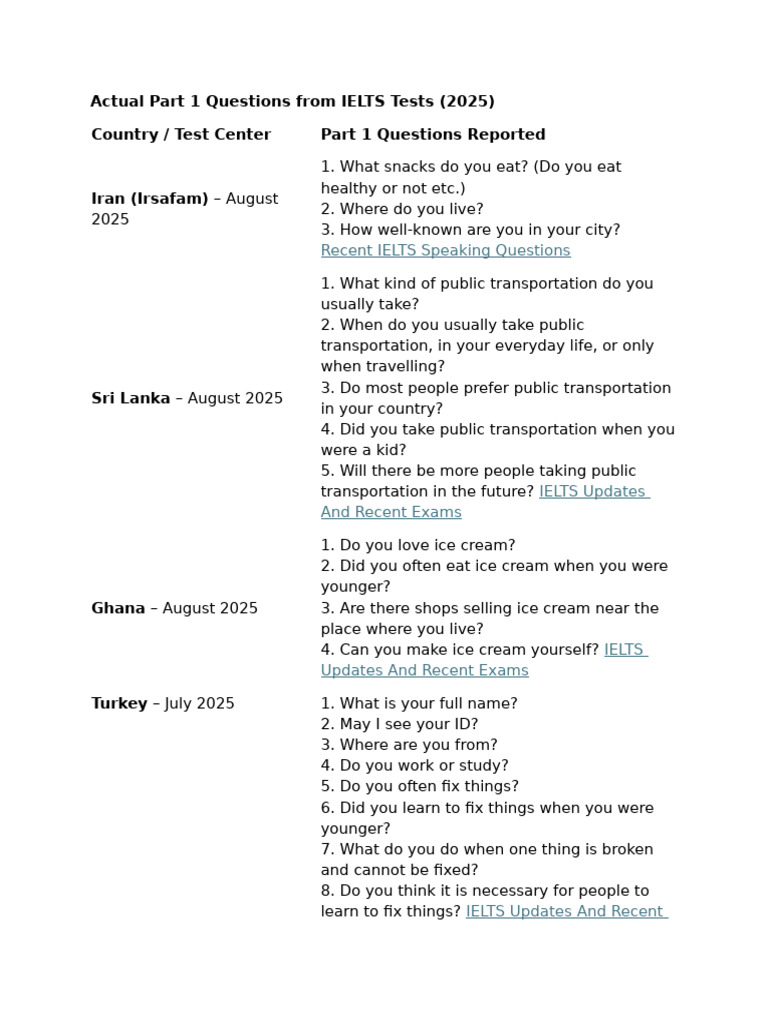 IELTS Speaking Part 1 Questions 2025 | PDF | Chess Openings | Chess Theory
