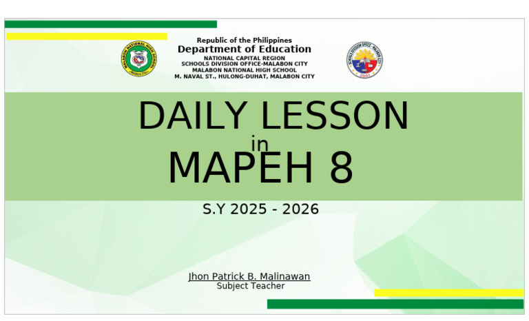 MAPEH 8 Daily Lesson Plan 2025-2026 | PDF