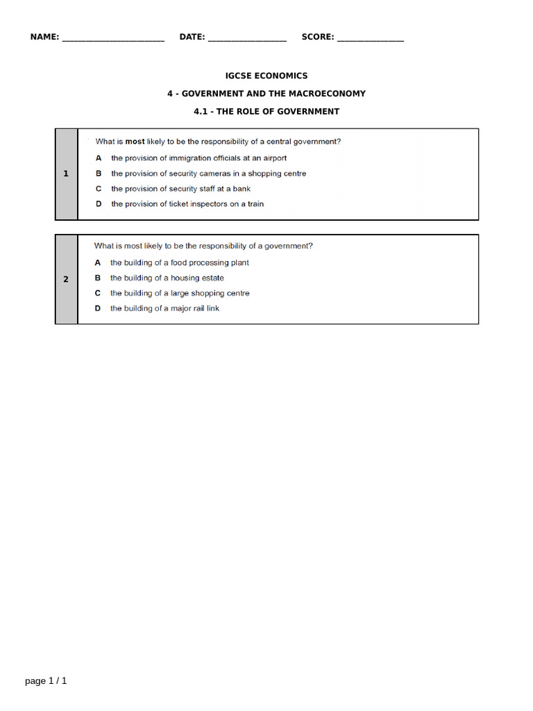 IGCSE Economics - 4.1 - The Role of Government | PDF