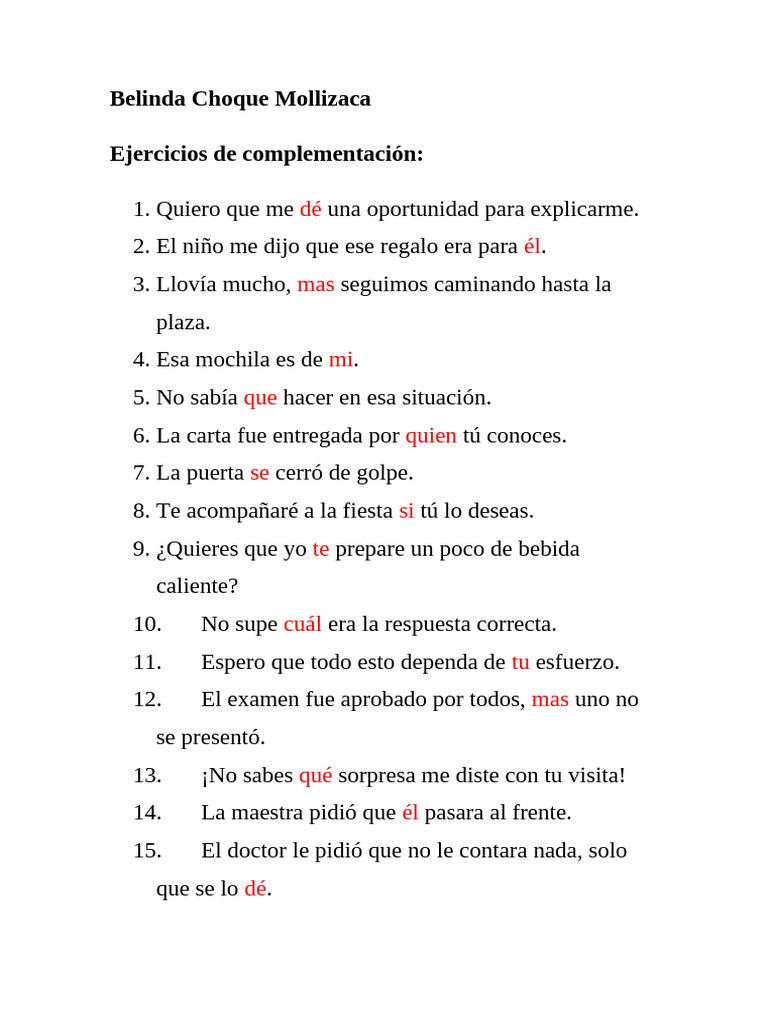 Ejercicios de Complementación Gramatical | PDF